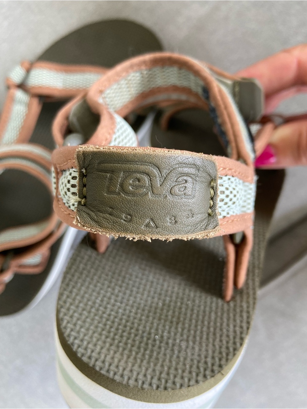 Teva Olive Green Platform Sandals with Brown and Cream Straps - Picture 2 of 8